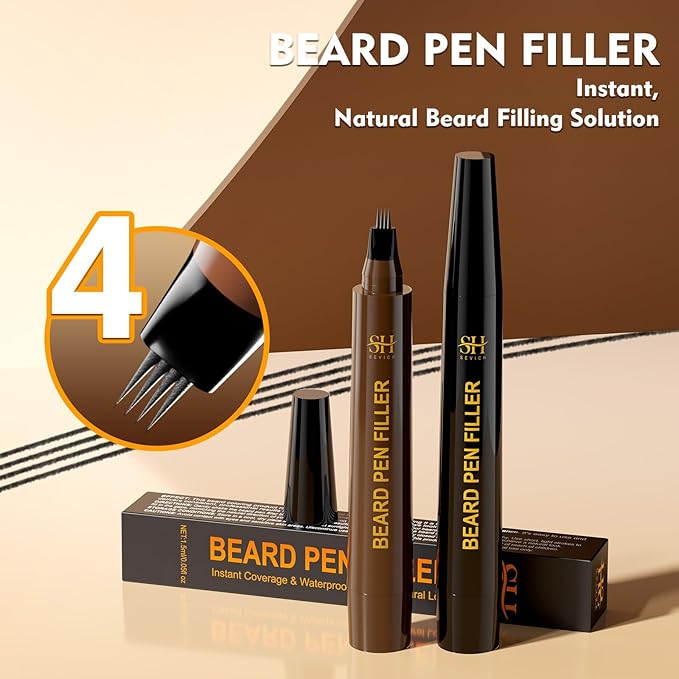 Sevich Beard Pen Filler for Men,Instant Beard Dye for Men,48h Waterproof & Sweatproof, 4-Prong Tip for Seamless Application, Enhances All Beard Types with Fuller, Dark Brown