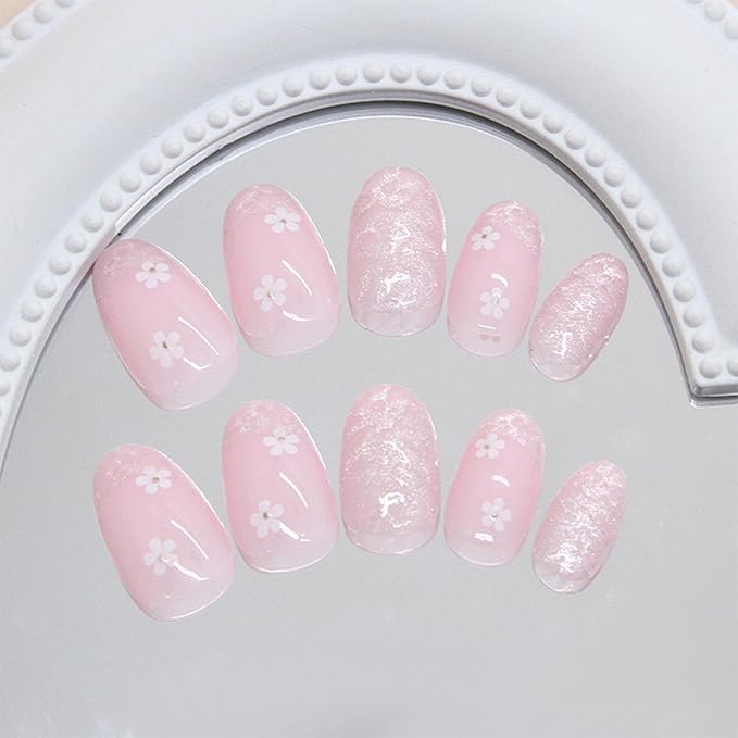 JONKASIPA Floral Press On Nails Short Lightweight Fake Nails Cute Artificial Acrylic Nails Full Coverage Reusable Adhesive Nails Suitable for Women 24 Pcs Set