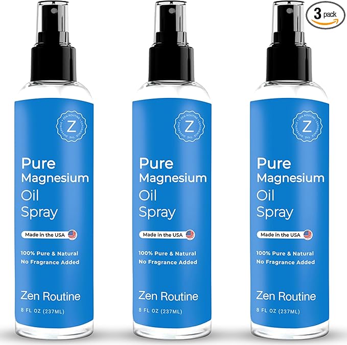 Pure Magnesium Oil Spray 8oz (3-Pack) - USP Grade – Topical for Feet, Body, Muscles, Leg Cramps & Sleep - Extra Strength, Less Sting - 100% Organic & Natural — Made in USA