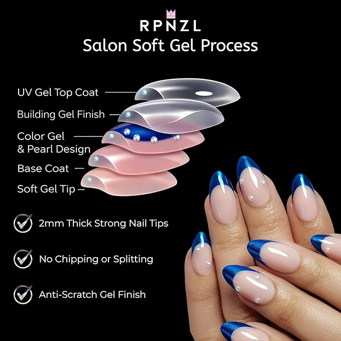 RPNZL Press On Nails - Ocean | Blue Chrome French Tip with Pearl Design, UV Finish Almond Nails, Salon Quality | 32 Nails, 16 Sizes Kit with Glue and Adhesive Tabs I Female Founded