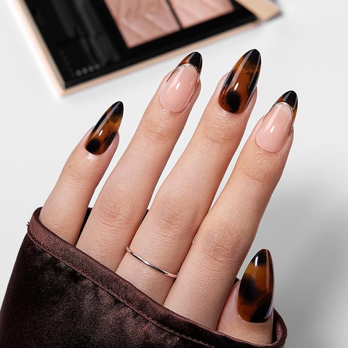 VSALON Press on Nails Medium Almond - Tortoise Shell French Tip Glue On Nails Kit for Women, Opaque Salon Quality Fake Nails - 32 PCS Stick on Nails in 16 Sizes with Glue & Cuticle Oil