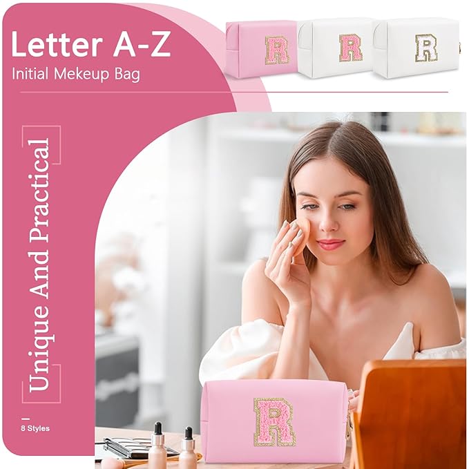 Personalized Initial A-Z Preppy Patch Makeup Bag,Small PU Leather Chenille Letter Cosmetic Bag with Zipper for Teen Girls,Pink Cute Travel Toiletry Bag,Birthday Monogrammed Gift for Daughter,Letter R