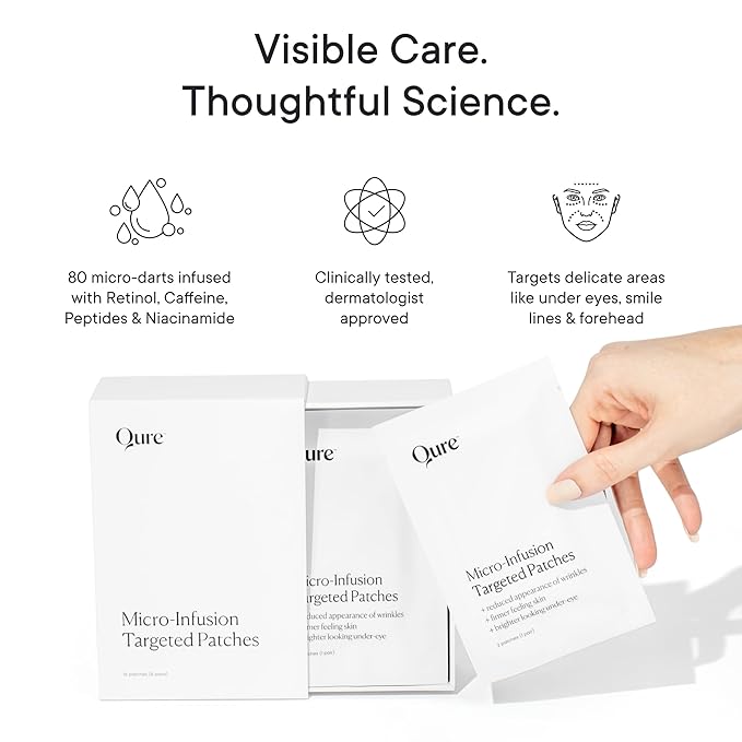 Qure Micro-Infusion Anti Wrinkle Patches for Smile Line, Frown lines, Under Eye Bags, Puffiness, Crow's Feet - Retinol, Caffeine, Peptides - Dissolvable for Overnight Use - 8 Pairs