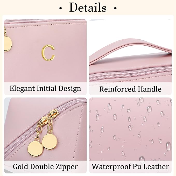 Gifts for Women Bridesmaid Gifts Personalized Initial Makeup Bag PU Leather Cosmetic Waterproof Travel Toiletry Bag (Medium)