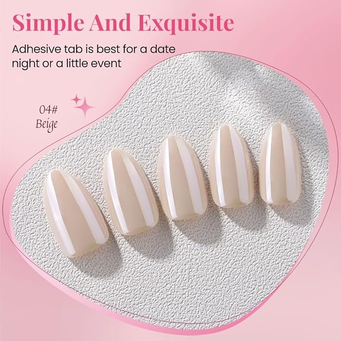 Press on Nails Short Almond - Nude Beige Chrome Glazed Glossy Press on Nail Tips Stick on Nails with Nail Kit for Gift, Reusable Stick On Nails in 15 Sizes 30 Full Cover Acrylic Soft Gel Fake Nail Kit