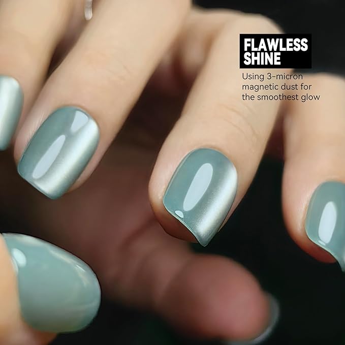 Okiyomi Blue Press on Nails - Sea Foam Cat Eye Press on Nails | Magnetic Turquoise Shimmer | Short Ballerina Squoval Shape | 15 Sizes - 30 Soft Gel Fake Nails with Glue and Stick On Tabs