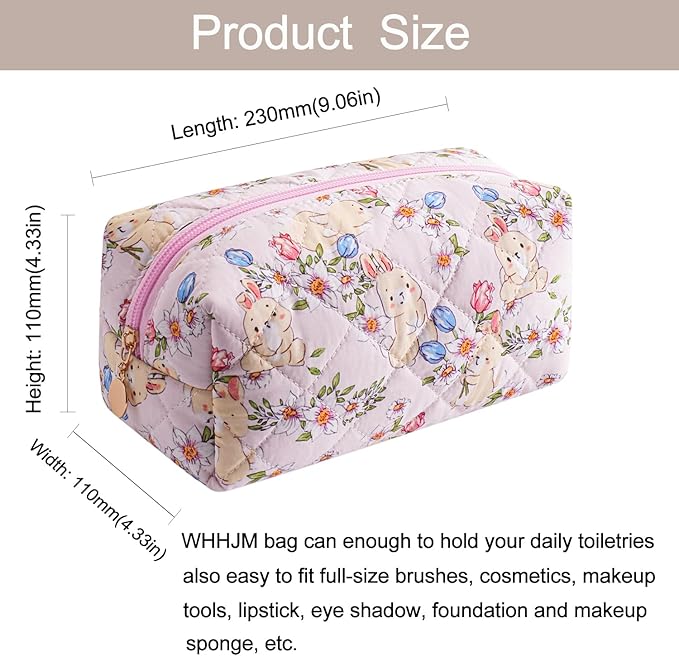 Cute Floral Makeup Bag Small Cotton Quilted Cosmetic Bag, Aesthetic Essential Bag Emergency Bag Gift for Women Girls Travel Accessories (Yellow Rabbit)