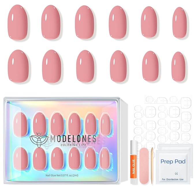 modelones Soft Pink Short Press on Nails, Semi-Transparent Oval Fake Nails Kit Press Ons with Nail Glue, Adhesive Tabs, Nail File, Prep Pad, Manicure Stick, 32Pcs 16 Sizes, Valentines