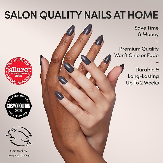 Glamnetic Press On Nails - Ash Gray | Opaque Muted Smoke Gray Short Almond Fake Nails, Salon Quality | 15 Sizes - 30 Nail Kit