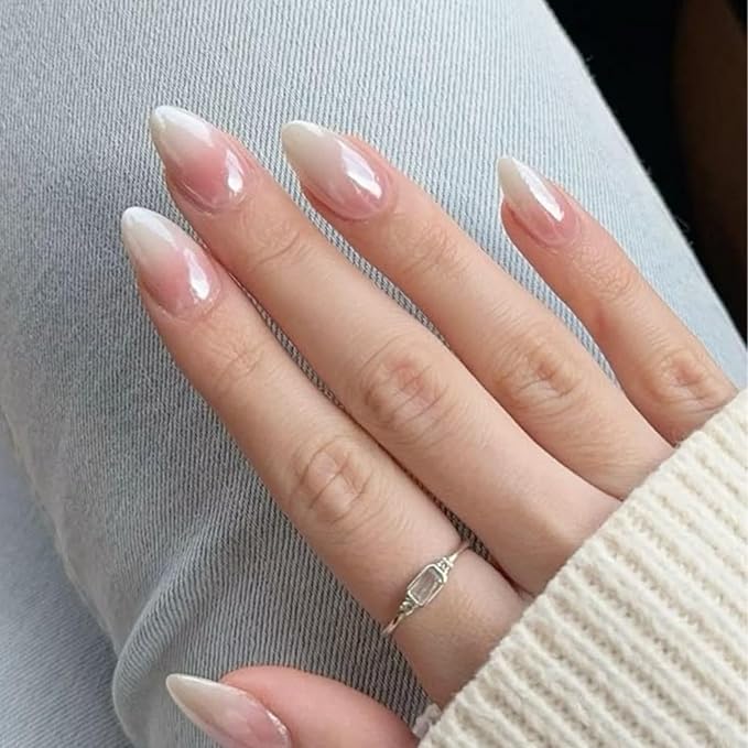 Modelones Pink Ombre Press on Nails Almond, Valentine's Day Chrome Short Almond Fake Nails, Nail Kit with Nail Glue Adhesive Tabs Mini Nail File, Nails Press Ons 32Pcs16 Sizes, Women Girl Gift