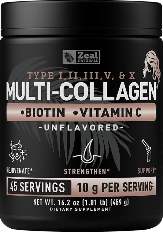 Premium Multi Collagen Peptides Powder (1, 2, 3, 5 & 10) with Protein. Vitamin C, Biotin, Hyaluronic Acid, for Hair Skin and Nails - Marine, Bovine, Chicken & Eggshell (Unflavored, 45 Servings)
