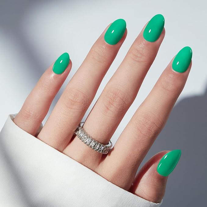 modelones Bright Green Short Press on Nails, Oval Fake Nails Kit Press Ons with Nail Glue, Adhesive Tabs, Nail File, Prep Pad, Manicure Stick, 32Pcs 16 Sizes