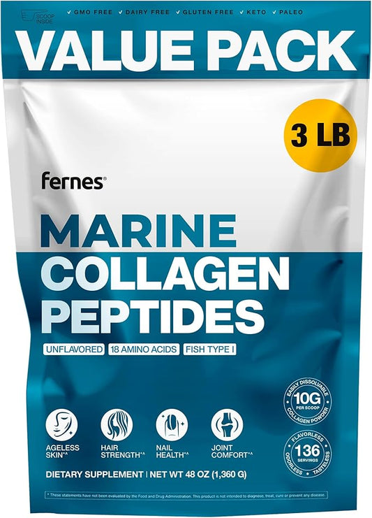 Fernes Marine Collagen Peptides for Women Men (3LB) Fish Type I Flavorless & Odorless Easy-Mix Hydrolyzed Protein Joint Hair Skin Wound Healing & Nail Support Gluten-Free Non-GMO Keto Paleo Kosher