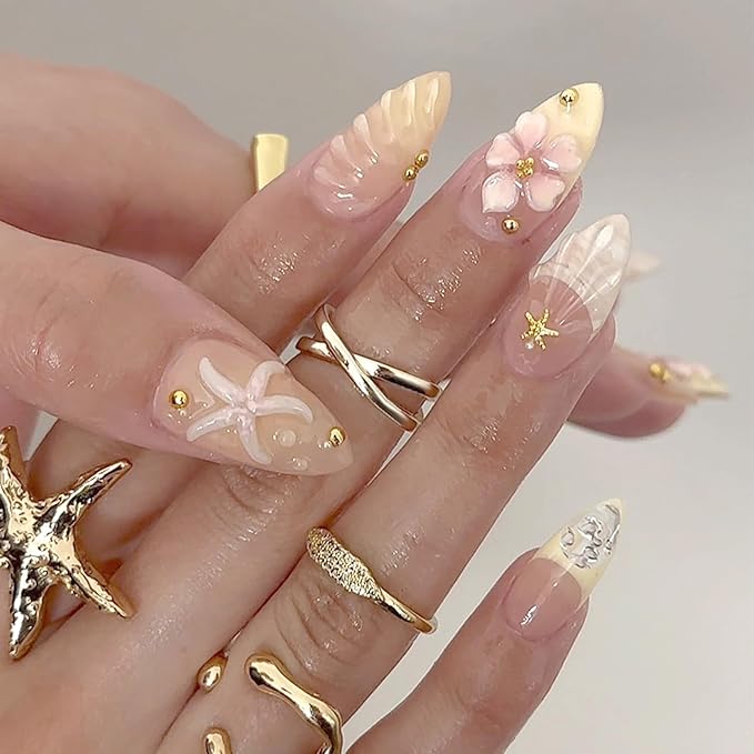 24Pcs Flower Press on Nails Almond for Summer, Ocean Star Shell Pearl Design Floral Fake Nails French Wear Medium Press Ons Nude Stick on Nails False Nails Set for Women