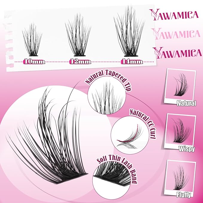Yawamica Natural Lash Clusters Kit Wispy Eyelash Extension Kit CC Curly Eyelash Clusters Fluttery 10-14mm Individual Lashes with Waterproof Lash Bond and Seal and Lash Tweezers DIY Lash Extension Kit