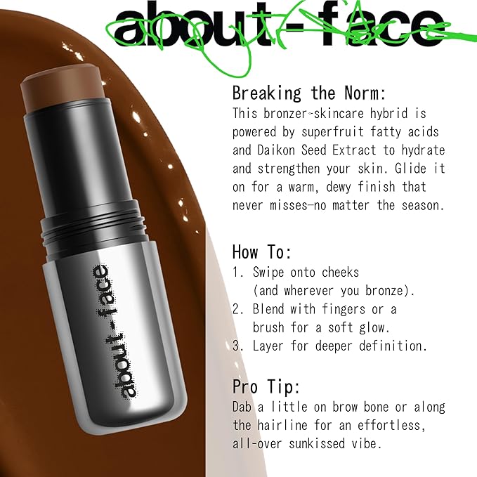 about-face Beach Freak Bronzer Stick Surf Curse– Ultra-Creamy, Vegan Bronzer & Contour Stick with Skincare Benefits – Dewy Finish – Hydrating Formula with Daikon Seed Extract – Medium