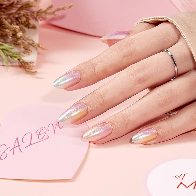 VSALON Press on Nails Medium Almond - Colorful Sfumato Golden Foil Nails Kit for Women, Reusable Opaque Soft Gel Fake Nails with Glue & Cuticle Oil - 32 PCS Glue On Nails in 16 Sizes (Mermaid)