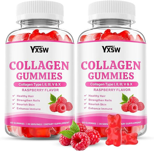 Collagen Gummies for Women Men, Hydrolyzed Collagen Protein Type I II III V X with Biotin Vitamin C A B D E Hyaluronic Acid for Hair, Skin, Nails, Joint, Immune Support, Raspberry Flavor, 120 Count