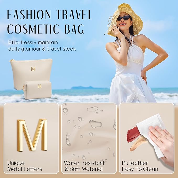 Valentine's Day Gifts for Women Girlfriend Initial Makeup Bag for Teen Girls Personalized Gifts for Friend Teacher Mom Wife Cosmetic Travel Toiletry Bag(Beige,M)