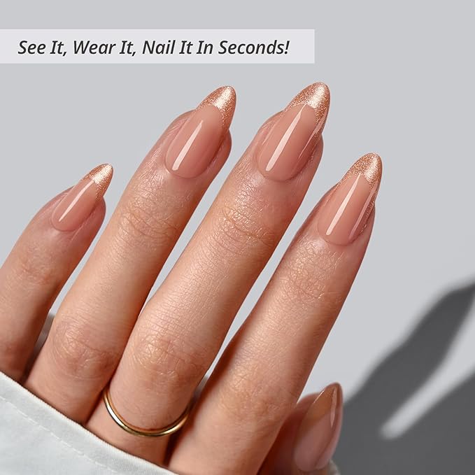 BTArtbox Press On Nails Medium - Golden Age, Lamp-Curable Almond Spakly French Tip Press On Nails with Glue and Adhesive Tabs for Women, Soft Gel Glue On Nails in 15 Sizes - 30 Stick On Nails Kit