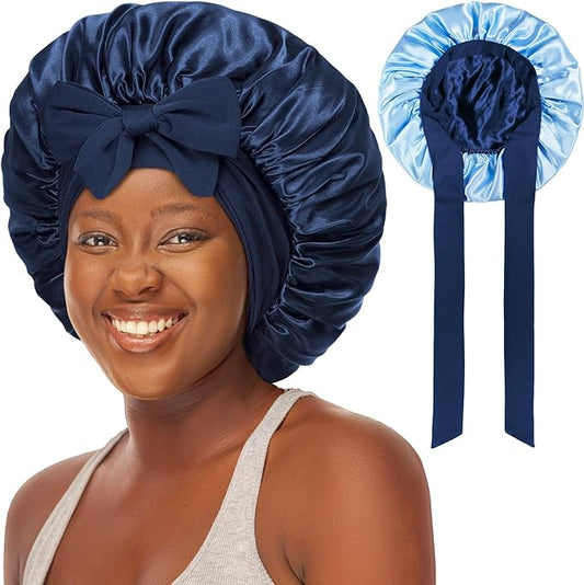 Double Layered Silk Satin Bonnet with Tie for Sleeping Black Women, Wide Band Large Hair Wrap Sleep Cap for Curly Hair Braid