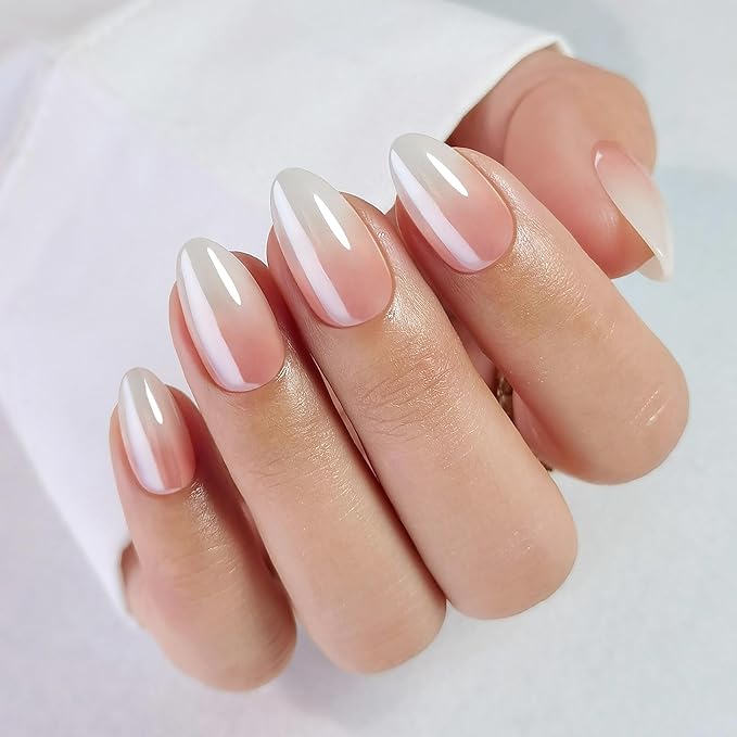 RPNZL Press On Nails - Café Latte | Chrome Ombre French Tip, UV Finish Almond Nails, Salon Quality | 32 Nails, 16 Sizes Kit with Glue and Adhesive Tabs I Female Founded