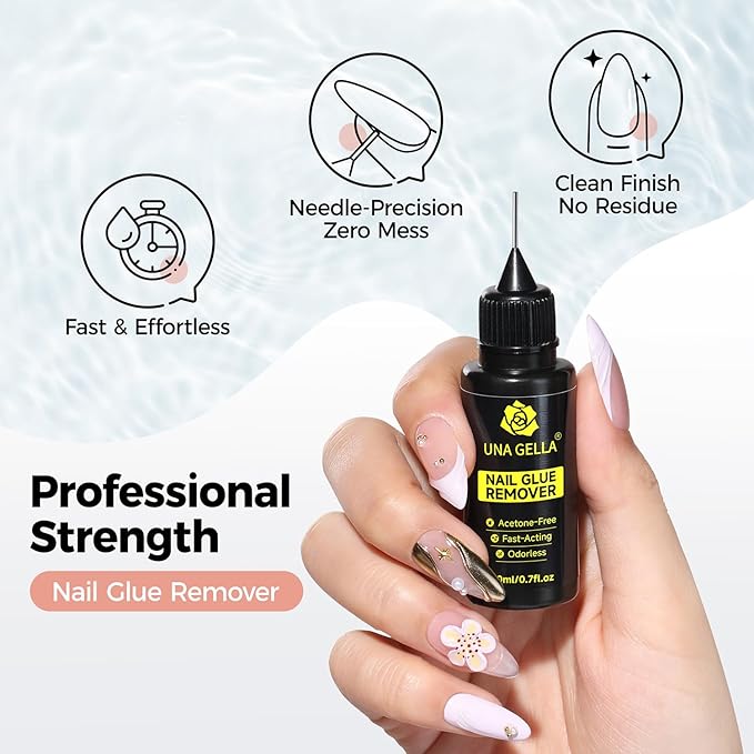 UNA GELLA Nail Glue Remover for Press on Nails，20ml Pinpoint Non-Acetone Gel Nail Glue Remover for Nails Tips，Gentle GLUE Remover with Upgraded Stick Easy Removal DIY Manicure Supply
