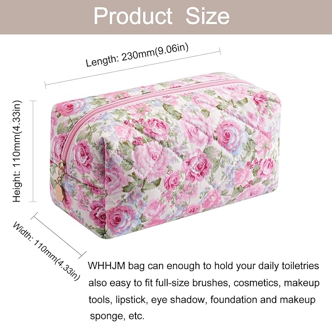 Cute Floral Makeup Bag Small Cotton Quilted Cosmetic Bag, Aesthetic Essential Bag Emergency Bag Gift for Women Girls Travel Accessories (Pink Rose)