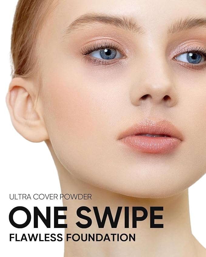 Ultra Cover Powder Foundation, Full Coverage Matte Finish, One-Swipe Flawless Pressed Powder with Oil Control, Lightweight & Long-Lasting, Pore-Blurring for Oily Skin (03A Almond)