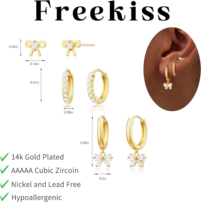 Freekiss 3 Pairs Gold Hoop Earrings Set: Dainty Stud Earrings Trendy Small 14K Gold Plated Hypoallergenic Dangle Cartilage Huggie Hoop Earrings for Women Gold Jewelry for Women Gifts