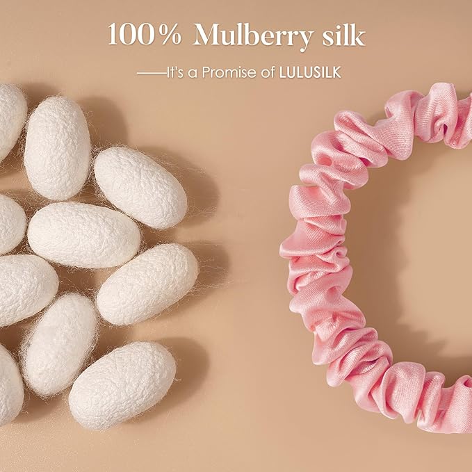 LULUSILK Small Silk Hair Ties No Damage, 100% Real Mulberry Silk, Skinny Scrunchies Ponytail Holders for Thin Fine Hair, Pink Peacock Blue and Lavender, Pack of 3