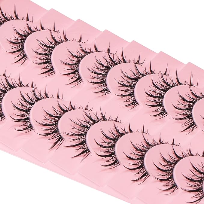 outopen 10 Pairs Manga Lashes Natural Look False Eyelashes Wispy Spiky Anime Lashes Korean Japanese Asian Style Cosplay Fake Eyelashes with Clear Band
