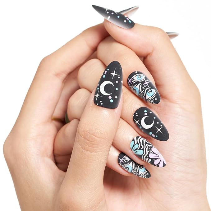 GLAMERMAID Black Press on Nail Medium Almond, Emo Jelly Gel Fake Nail, Gloss Natural Glue on Nail Short Oval with Gothic Eye Desgin, Reusable Acrylic Stiletto Stick on False Nail Kit for Women
