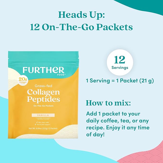 Further Food Vanilla Collagen Peptides Powder, 12 Stick Packs – 100% Grass-Fed, Hydrolyzed Type 1 & 3, 20g of Collagen per Serving, Supports Skin, Hair, Nails & Joints, 8.89 Oz