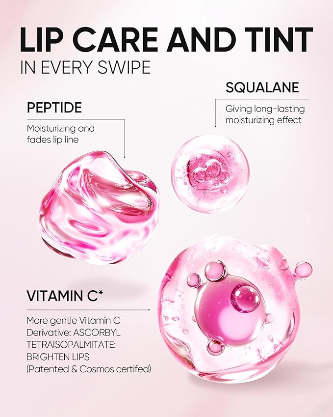 Peptide Brightening Lip Serum, Hydrating & Plumping Tinted Lip Gloss, Moisturizing Lip Balm with Polypeptides & Squalane for Glossy Sheer, Smooth Lips (02 Coral Rose)