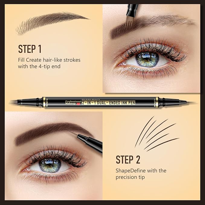 Waterproof Eyebrow Pencil with 4 Tip Microblading Pen and Dual-ended Brush, for Natural-Looking Brows, Long-Lasting, Chocolate