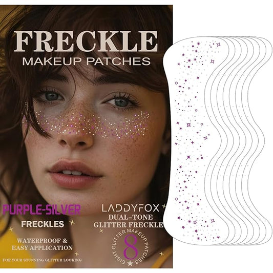 8 Pcs Purple and Silver Face Makeup Patches, Purple and Silver Glitter Freckles Face Tattoo, Sparkle Makeup Patches, Waterproof Face Temporary Tattoos for Women