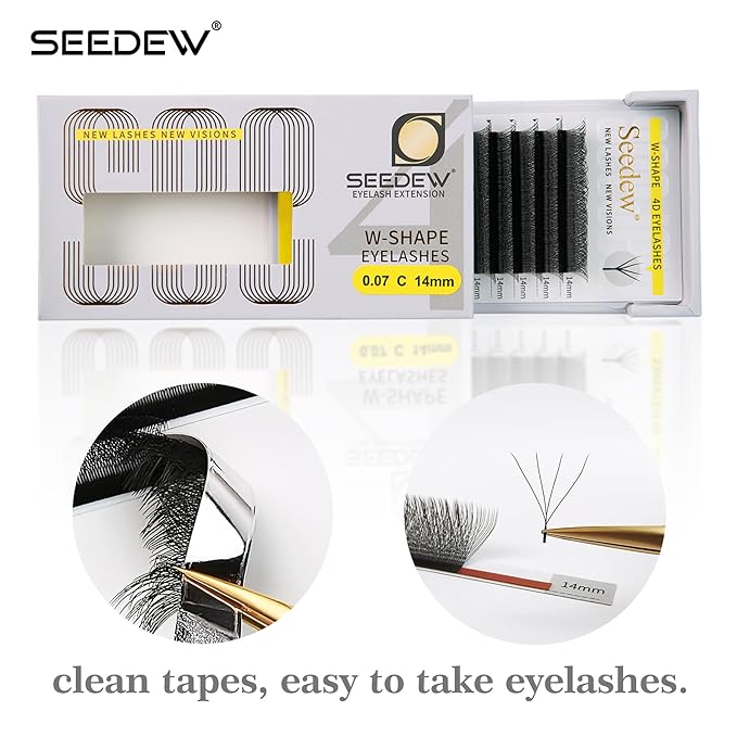 SEEDEW 4D Lash Extensions, 0.07mm C Curl 13mm 12 Rows/Tray, W Shape Flat Stem, Korean PBT Volume False Eyelashes Grafting for Beginner Artist, Lash Tech, Beauty Salon(4D-Matte Black-0.07-C-13mm)
