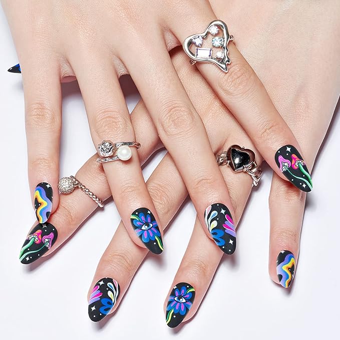GLAMERMAID Press on Nails Medium Almond, Halloweenr Gothic Cute Cartoon Gel Glue on Nail, Matte Short Stiletto Reusable UV Finish Fake Nails Acrylic False Nails Manicure Kits for Women