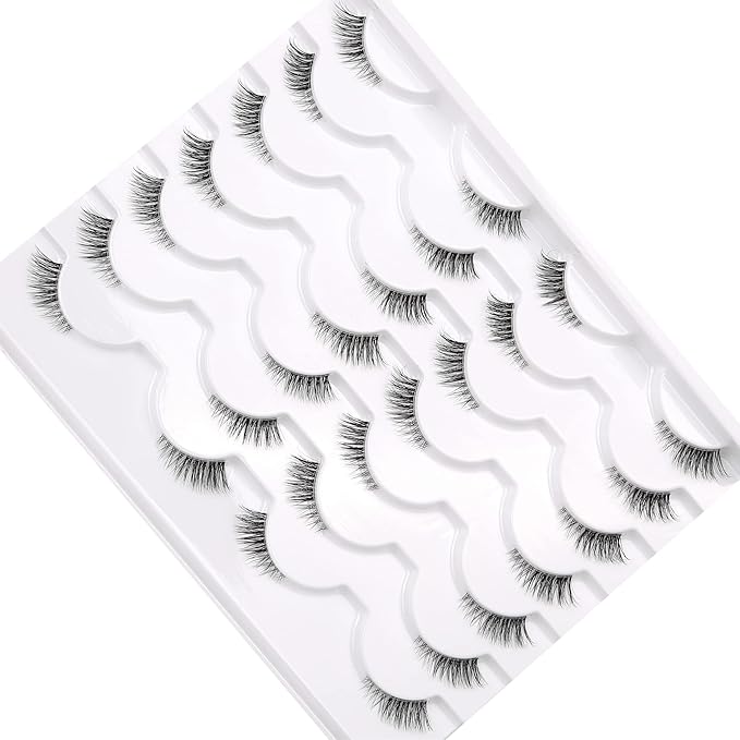 Half False Eyelashes with Clear Band Wispy Cat Eye Look Natural Short Small 3/4 Accent Lashes Faux Mink Fake Eyelash Strips 14 Pairs Pack
