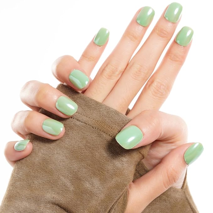 GLAMERMAID Light Green Extra Short Press on Nails, Chrome Fake Nails Short Squoval, Glazed Handmade Soft Jelly Gel Square Glue on Nails, Pure Green Acrylic False Nail, Glossy Round Fake Nail for Women