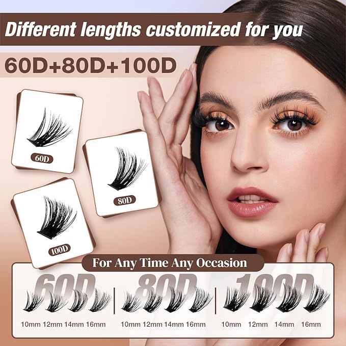 AILAISHI Lash Clusters Kit, DIY Cluster Eyelash Extensions 9‑16mm, 60D+80D+100D, 224pcs Fluffy D Curl Natural Lashes with Bond & Seal,Remover,Tweezers,Brush–Fake Cat Eye Individual Clusters