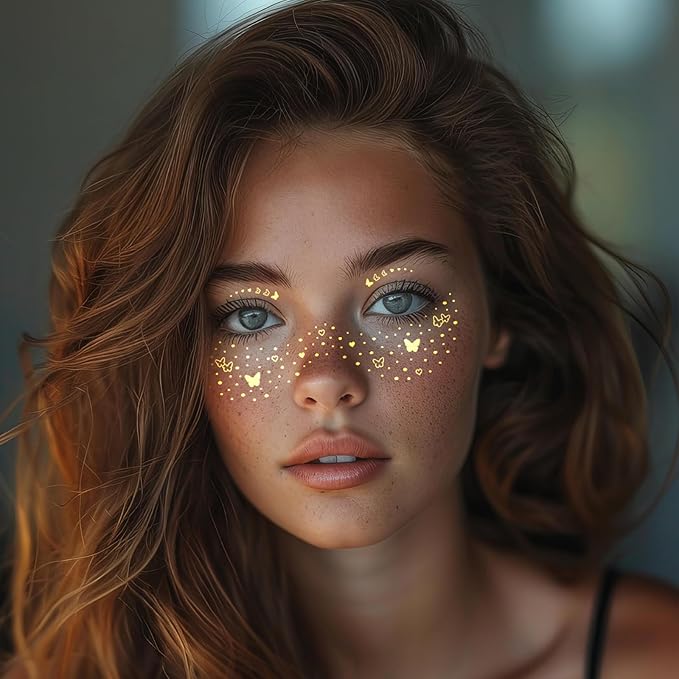 12 Pcs Gold Glitter Freckle Face Tattoo, Glitter Freckles Metallic Face Temporary Tattoo Sticker, Sparkle Makeup Patches Waterproof Gold Freckles Face Tattoos Stickers for Women Party Decor 654