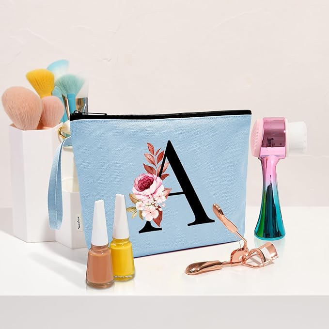 Vavabox A-Z Personalized Makeup Bag, Birthday Gifts for Women Mom, Gifts for Best Friend, Bride Bridesmaid Cosmetic bag (T, Blue)