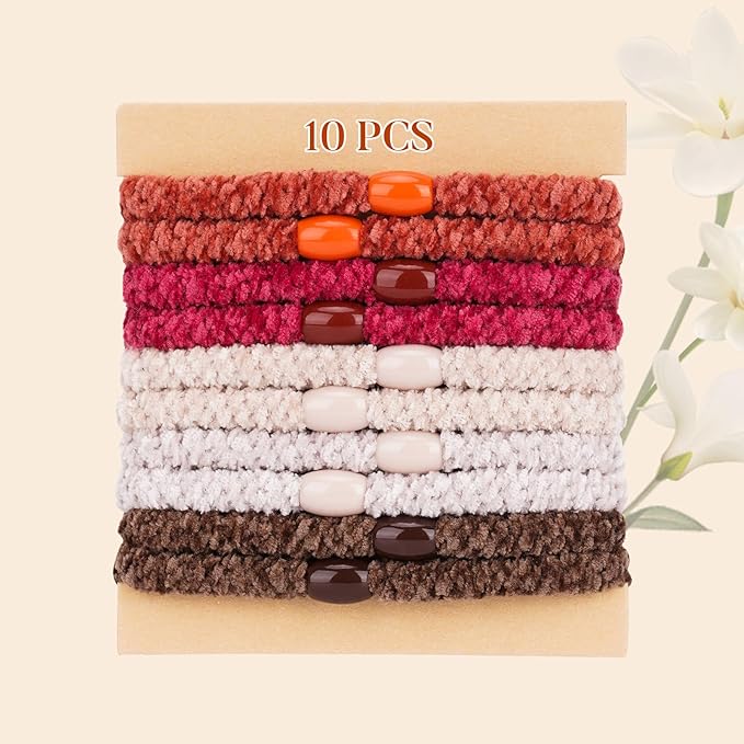 Braided Hair Ties No Damage, 10 Pcs Soft Plush Hair Bands for Women's Hair, Bracelet Hair Elastics & Ponytail Holders for Thick Hair - Ember Glow