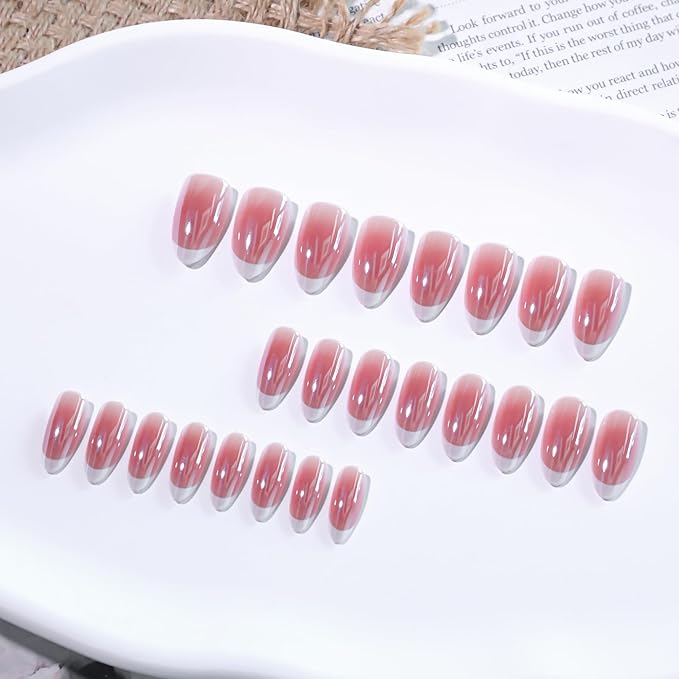 XZMeiLun Press On Nails Short Oval, French Tip Chrome Acrylic Press On Nails Short Oval, Designer Reusable Glazed Fake Nails, Glossy Soft Gel Nails Wedding, Stick Glue On Nail Press Ons for Women