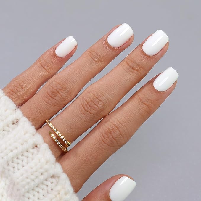 SHANGMENG White Press on Nails Short - Soft Gel Valentine Square Press on Nails for Women Gift, Fit Perfectly & Natural Glue on Nails in 16 Sizes - 32 Reusable Fake Nails Kit with Glue, Classic White