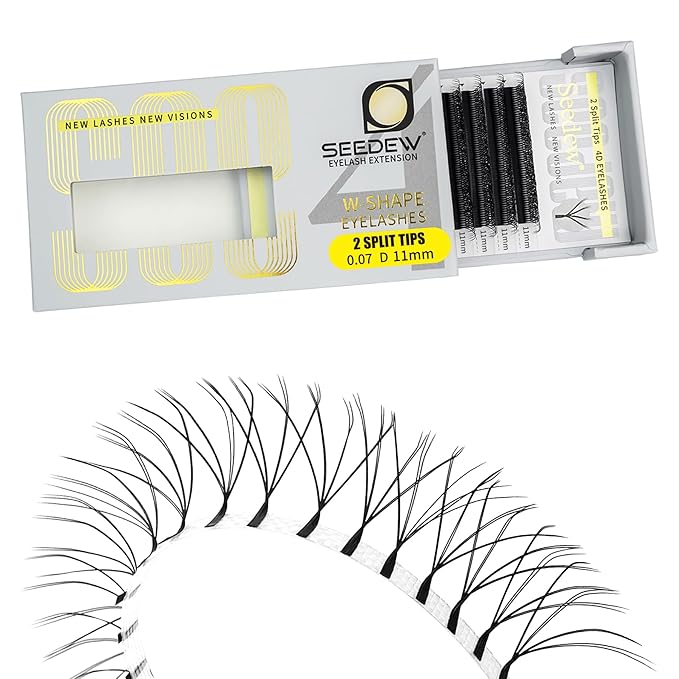 SEEDEW 4D-Double Tips Lash Extensions, 0.07mm D Curl 11mm 12 Rows/Tray, W Shape 4DD Flat Stem, PBT Volume False Eyelashes for Beginner Artist, Lash Tech, Beauty Salon(4DD-Matte Black-0.07-D-11mm)