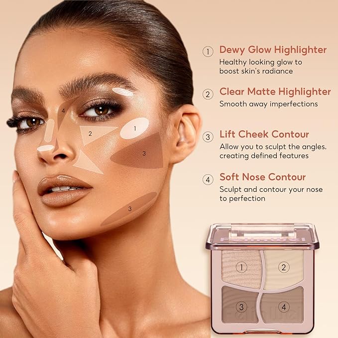 FelinWel Highlight Contour Makeup Palette Effortless Blending Matte Shimmer Highlighter Palette and Bronzer Powder for Warm Toned Skin