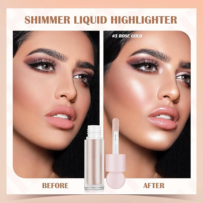 Liquid Highlighter Makeup Liquid Luminizer Glitter 3Pcs, Face Highlighters & Luminizers Body Highlighter for Long Lasting Shimmer, Highlighters Makeup Easy to Apply with Cushion Applicator
